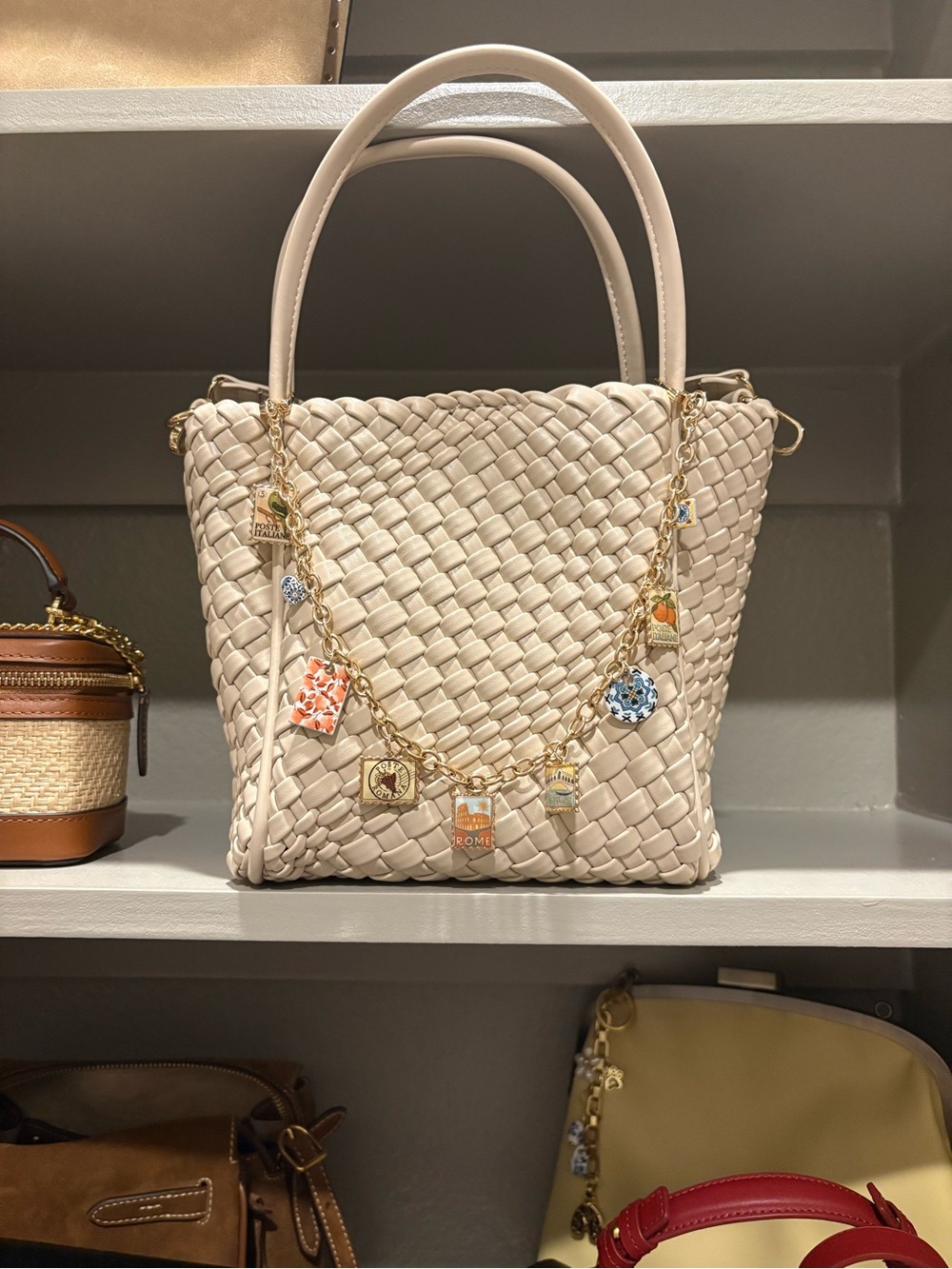 Woven Cream Tote Bag with Charm Chain